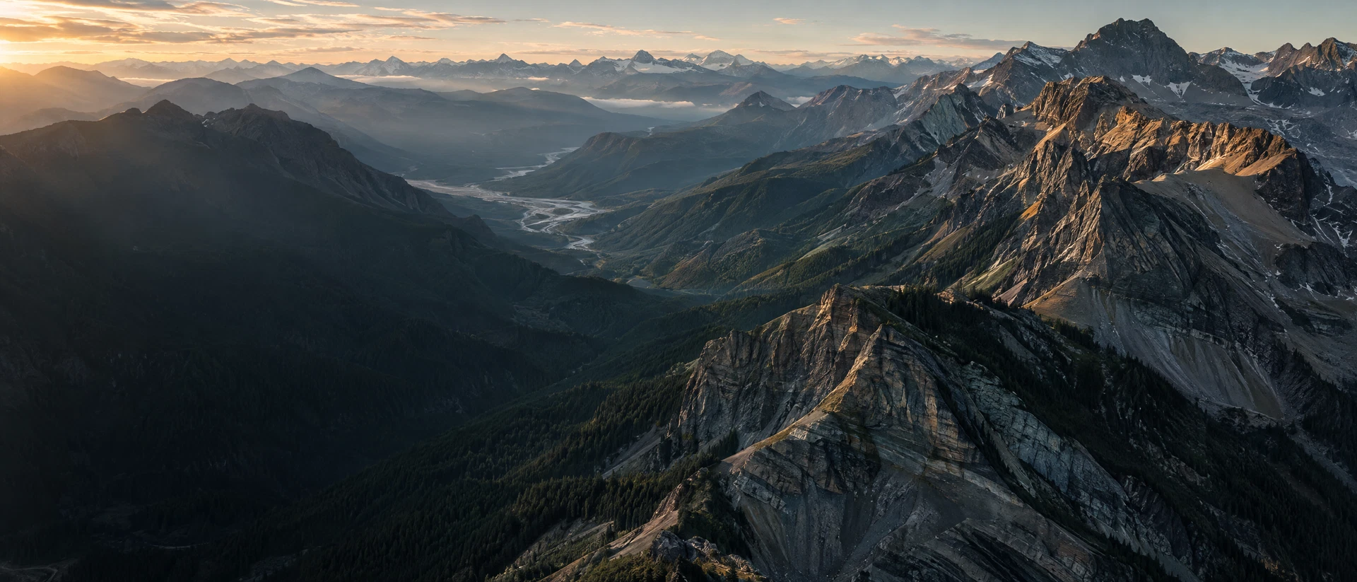 Illustrative aerial landscape of rugged geological ridges
